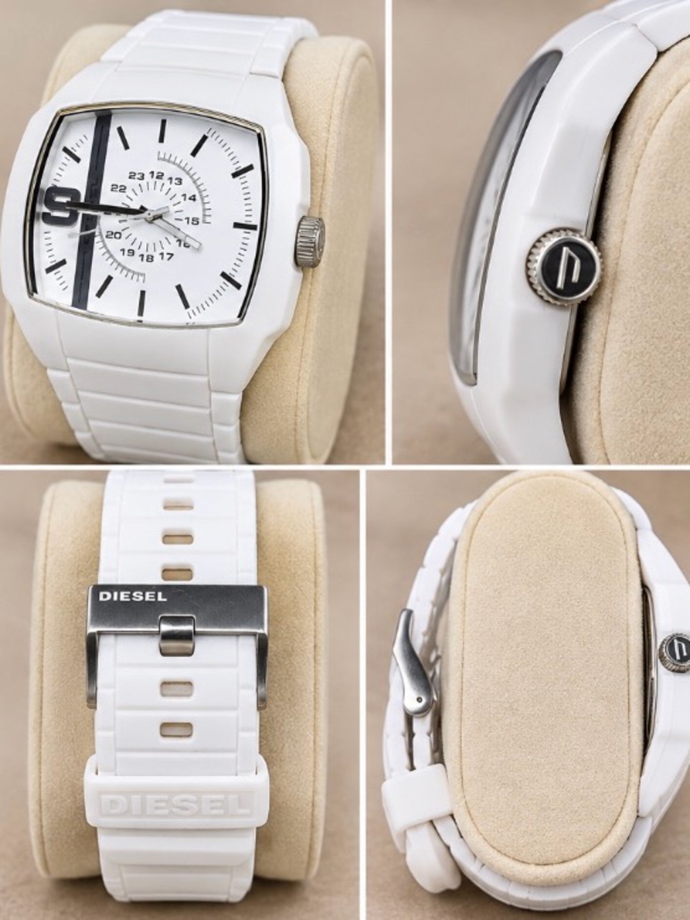 Diesel White Men's Ceramic-Style Square Dial Watch with Black Accents